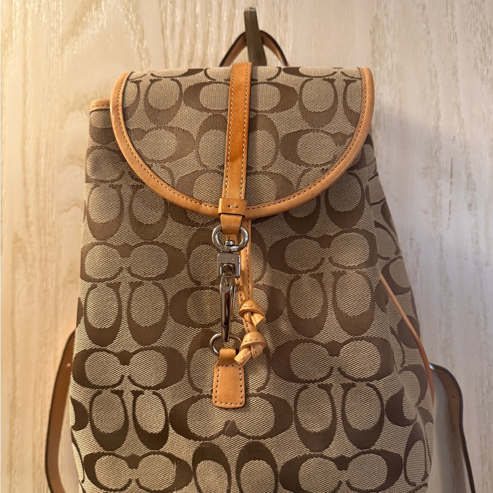 Coach Brown Signature Canvas Backpack with Tan Leather Trim